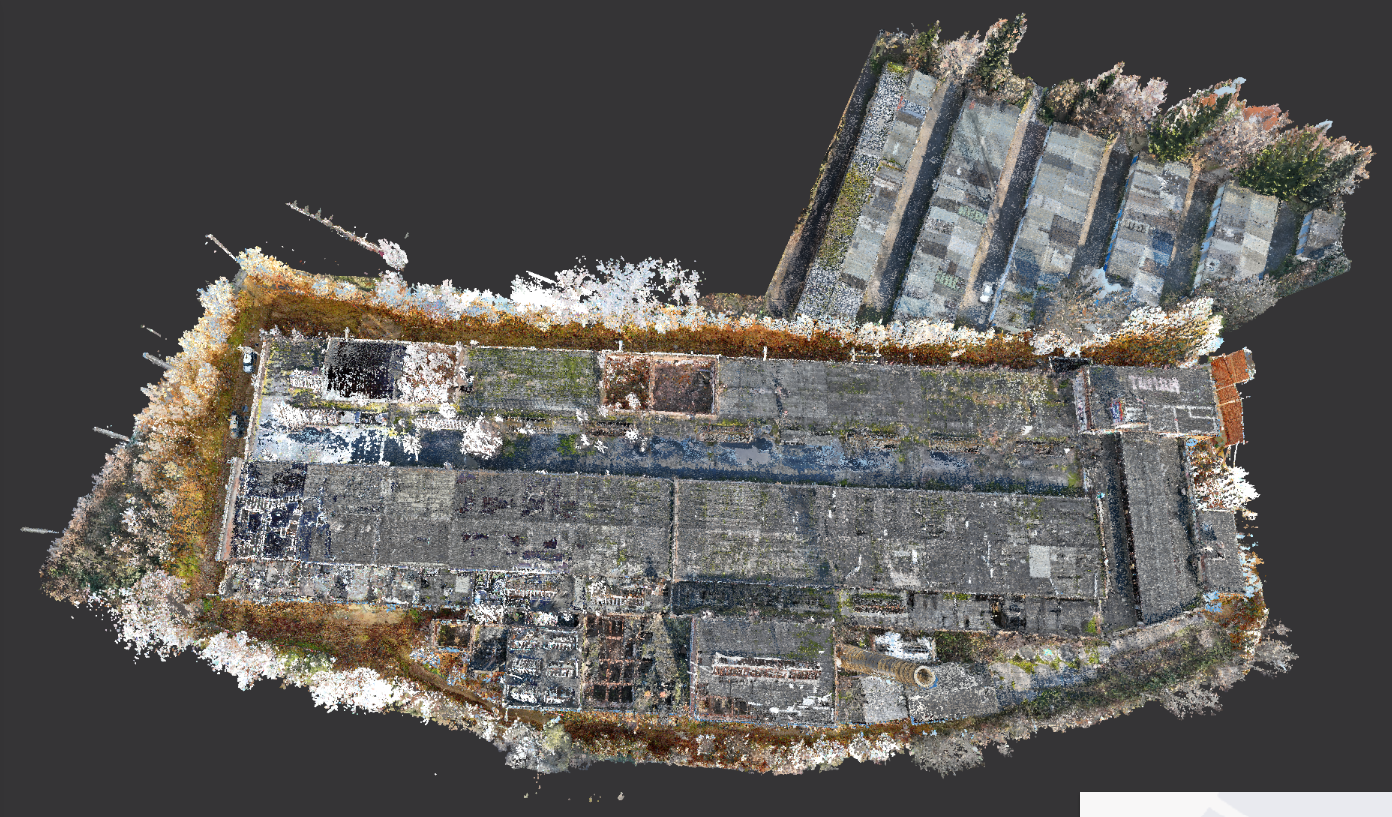 3D-Punktwolke Draufsicht der Dachflächen des Hafenwerks Leipzig